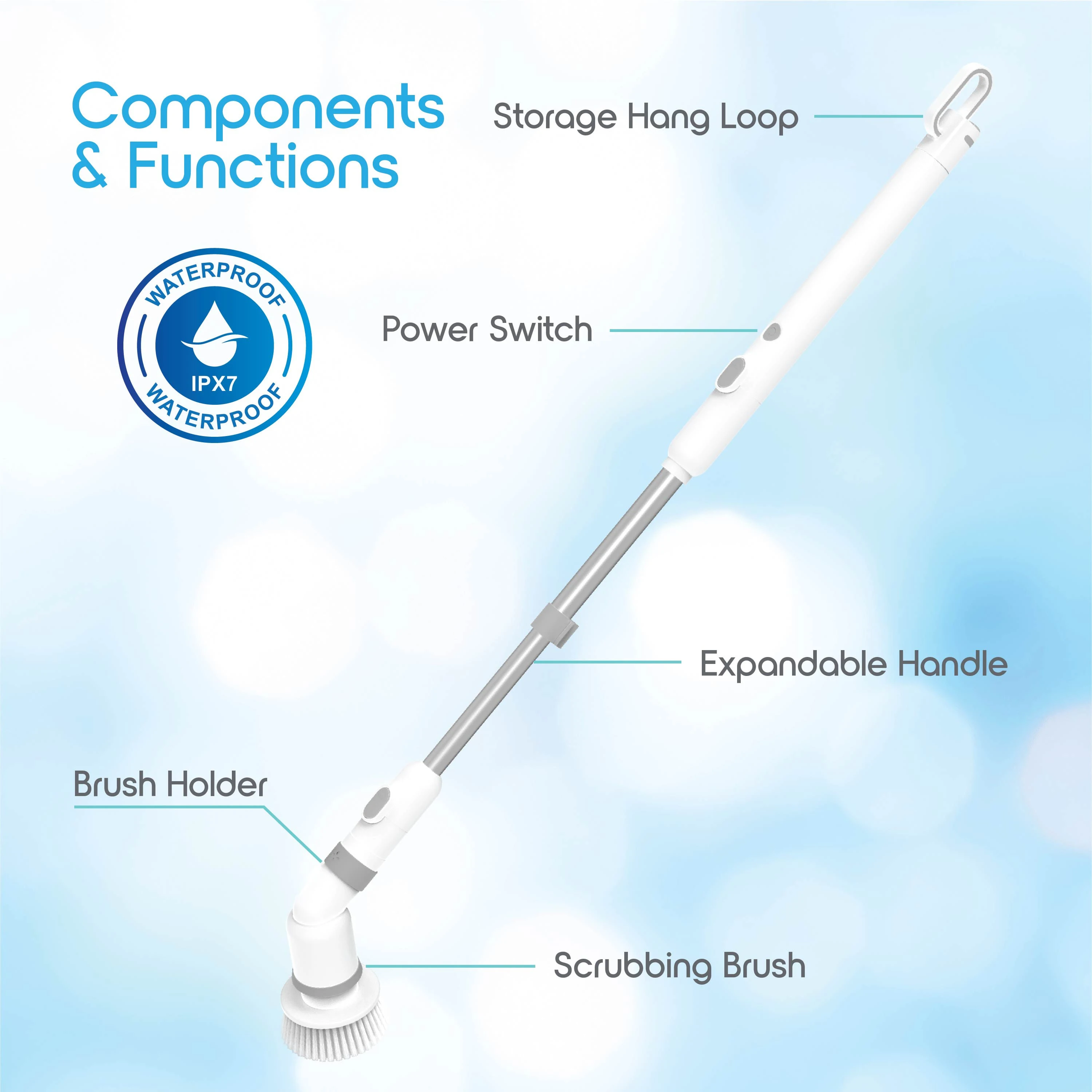 Blossom Cordless Electric Spin Scrubber, Power Cleaning Brush with 9 Scrubbing Heads & Adjustable Long Handle, 120Min Rechargeable Shower Scrubber for Home Bathroom Kitchen Tile