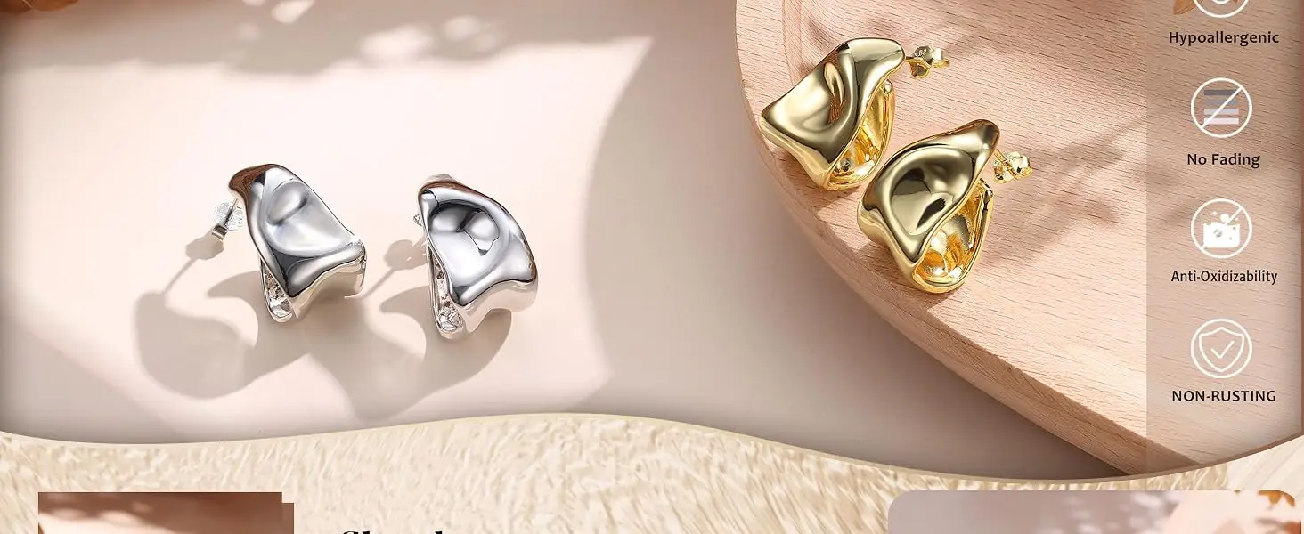 Chunky Hoop Earrings for Women 925 Sterling Silver Hoop Earrings Hypoallergenic 14K Gold Plated Earring Open Huggie Teardrop Earring,Statement Jewellery