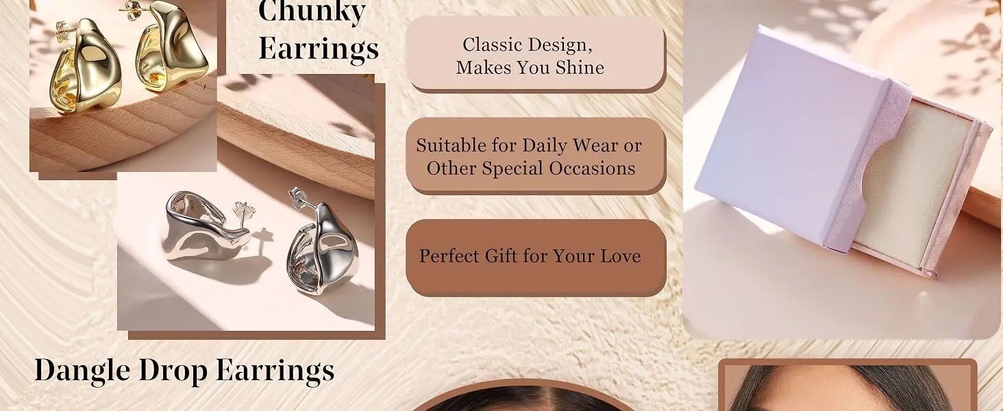 Chunky Hoop Earrings for Women 925 Sterling Silver Hoop Earrings Hypoallergenic 14K Gold Plated Earring Open Huggie Teardrop Earring,Statement Jewellery