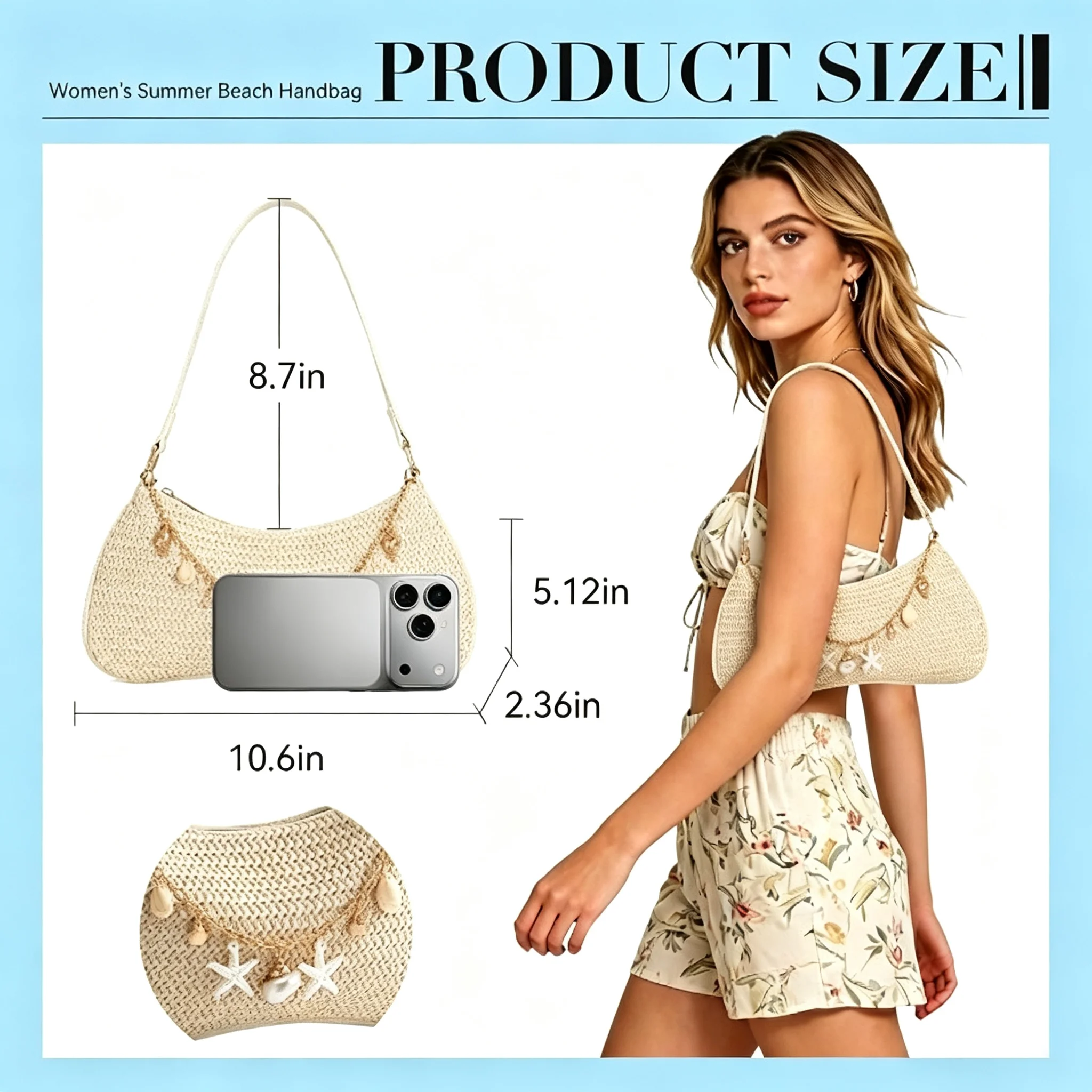 Women Straw Shoulder Bag Summer Beach Hobo Handbag Starfish Shell Pendant Chain Woven Underarm Purse Vacation Travel Y2K Baguette Bag
