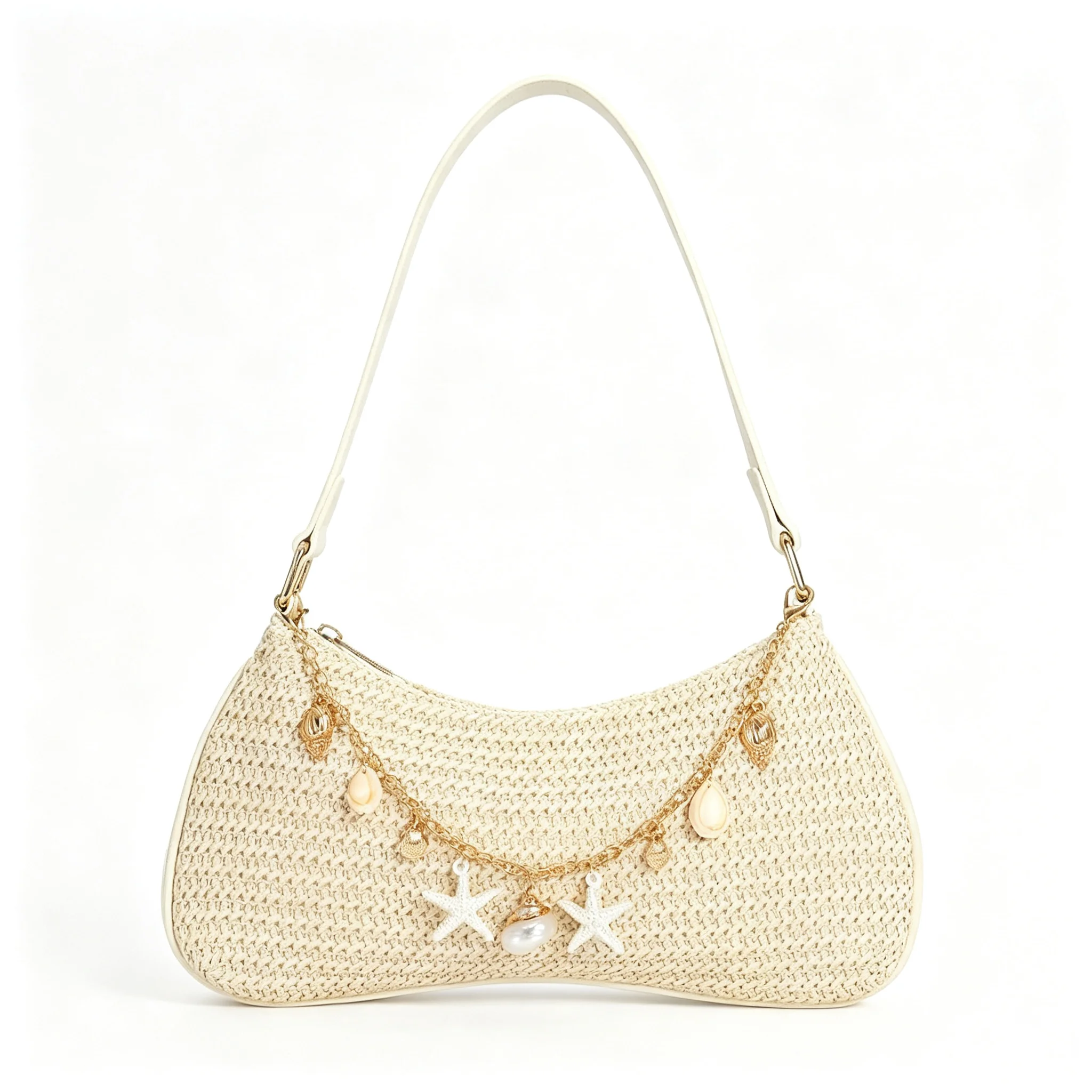 Women Straw Shoulder Bag Summer Beach Hobo Handbag Starfish Shell Pendant Chain Woven Underarm Purse Vacation Travel Y2K Baguette Bag