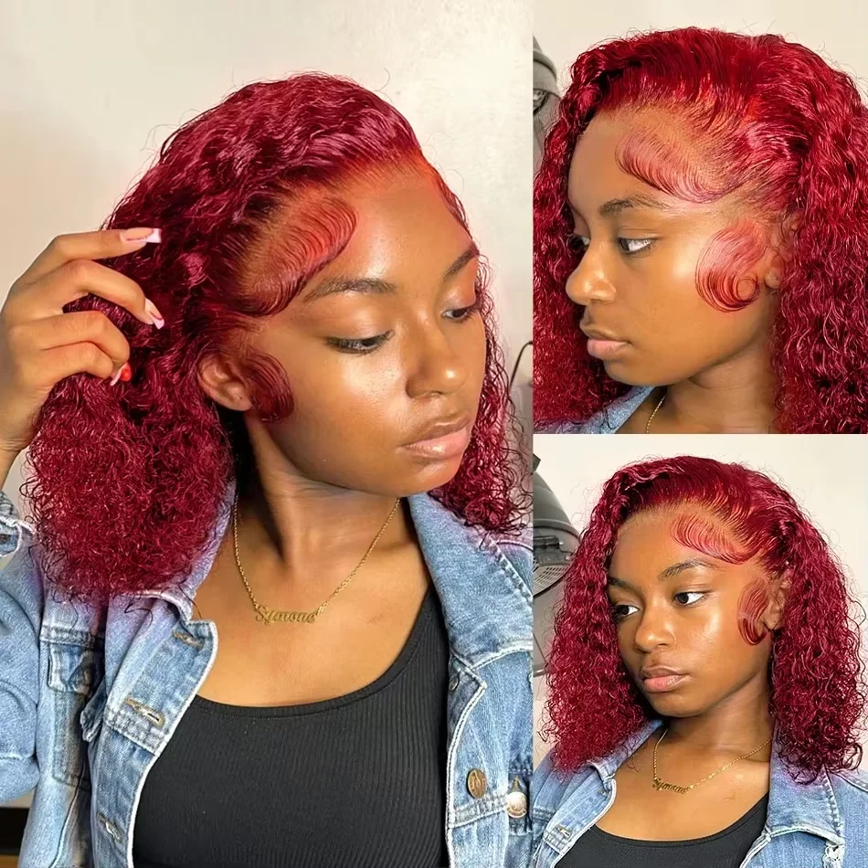 13x4 Lace Front 99j Burgundy Deep Curly Short Bob Wigs 250% Density Red Colored Wigs 99j Deep Wave Human Hair Wigs For Women 10 16 Inch