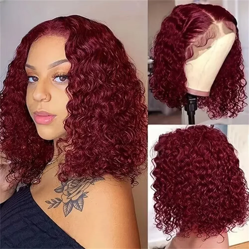 13x4 Lace Front 99j Burgundy Deep Curly Short Bob Wigs 250% Density Red Colored Wigs 99j Deep Wave Human Hair Wigs For Women 10 16 Inch
