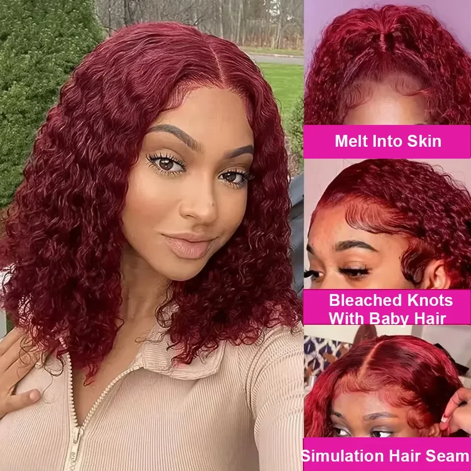 13x4 Lace Front 99j Burgundy Deep Curly Short Bob Wigs 250% Density Red Colored Wigs 99j Deep Wave Human Hair Wigs For Women 10 16 Inch