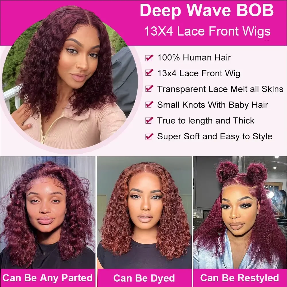 13x4 Lace Front 99j Burgundy Deep Curly Short Bob Wigs 250% Density Red Colored Wigs 99j Deep Wave Human Hair Wigs For Women 10 16 Inch