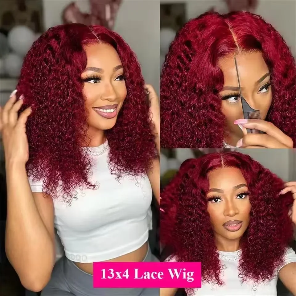 13x4 Lace Front 99j Burgundy Deep Curly Short Bob Wigs 250% Density Red Colored Wigs 99j Deep Wave Human Hair Wigs For Women 10 16 Inch