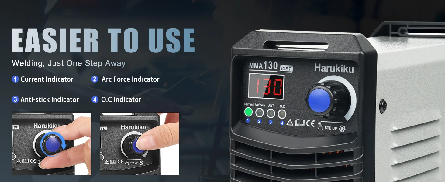 Harukiku 130A 110V Mini Portable MMA‑130 Stick Welder, Light‑Weight Household Easy‑Use Welding Machine, IGBT Inverter, Adjustable Arc‑Force Current, Anti‑Stick Function, Beginner‑Friendly Electrode Welding Machine