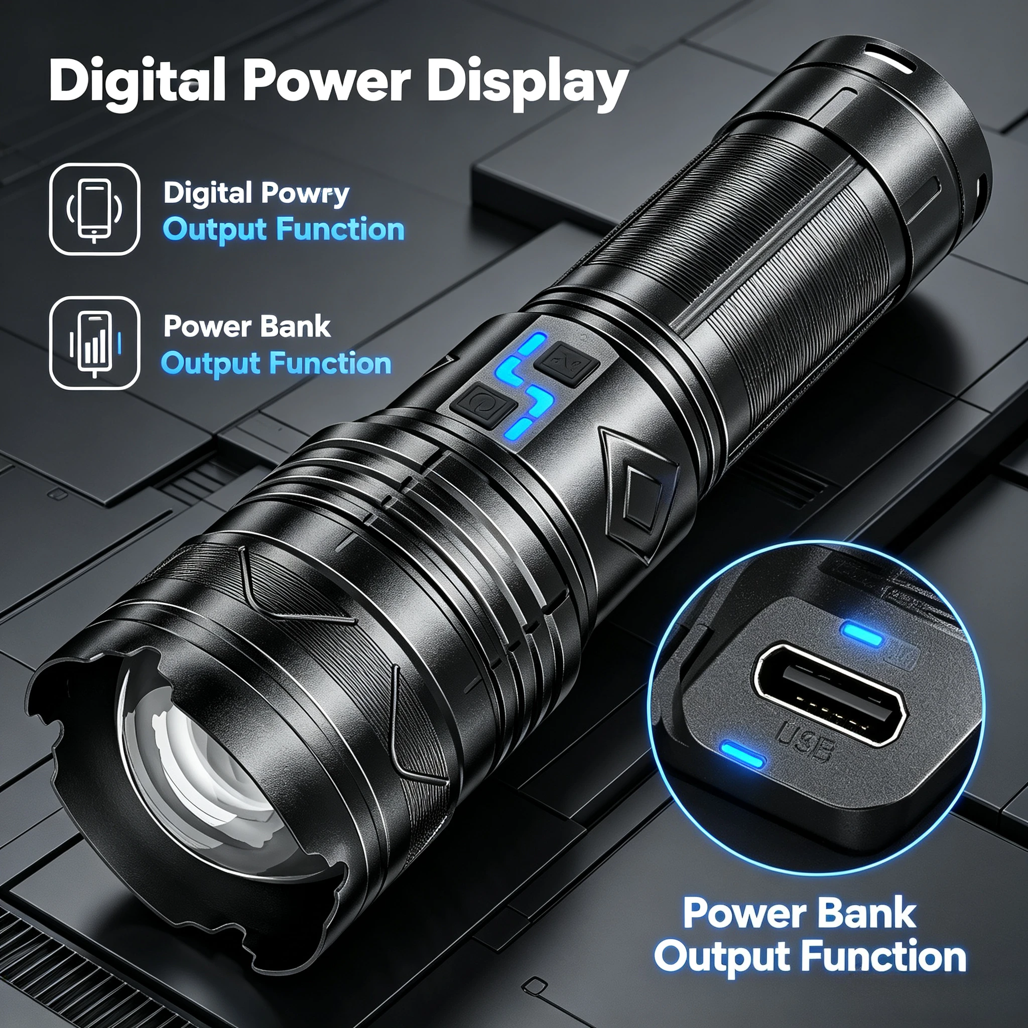 Rechargeable White light Flashlight, Telescopic Zoom Tactical Torch with Power Bank Function, Digital Power Display, 5 Light Modes Bright Handheld Flashlight for Camping Hiking Emergency Outdoor