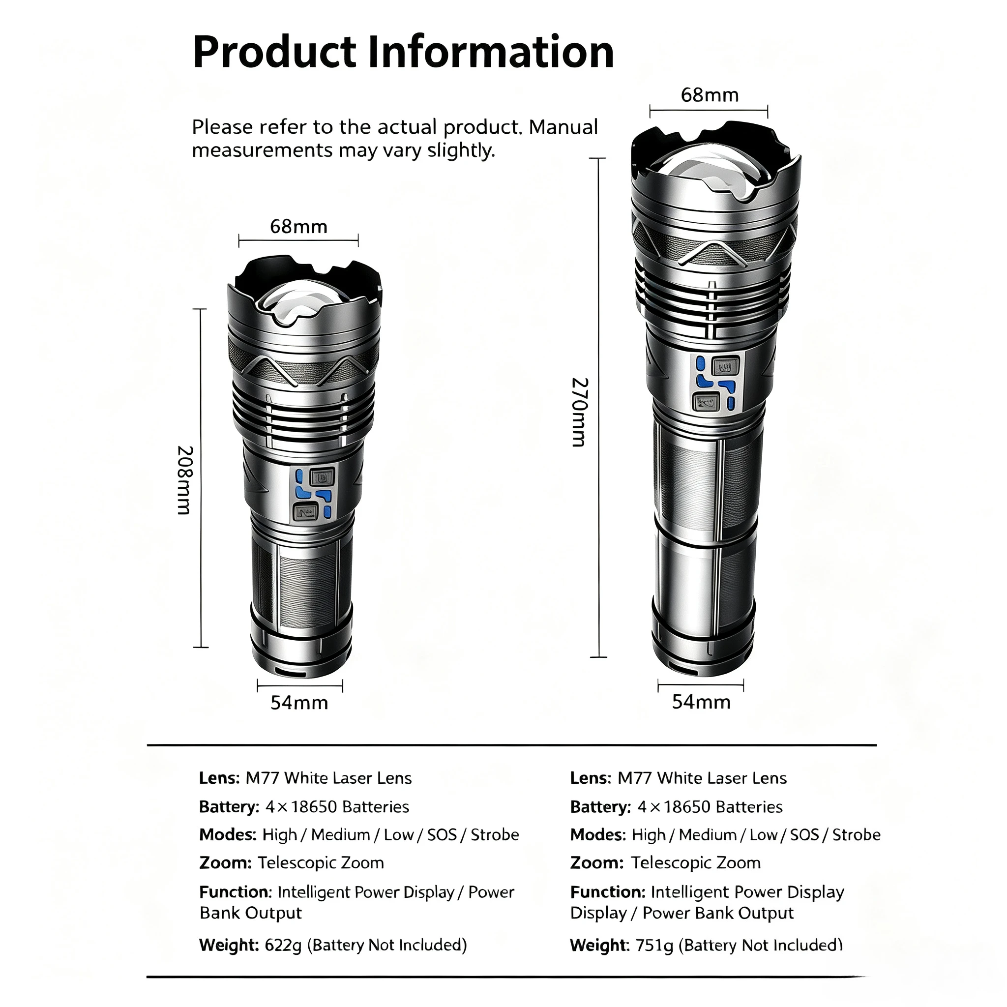 Rechargeable White light Flashlight, Telescopic Zoom Tactical Torch with Power Bank Function, Digital Power Display, 5 Light Modes Bright Handheld Flashlight for Camping Hiking Emergency Outdoor
