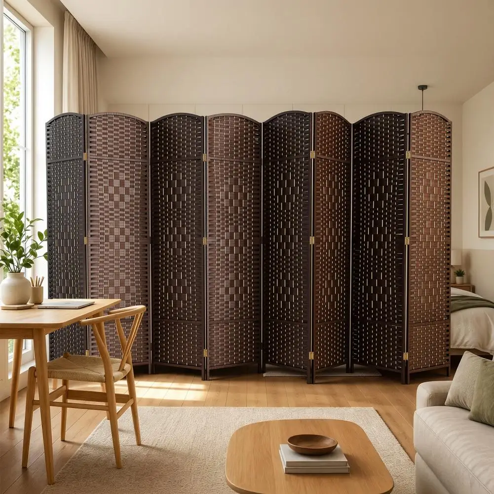 Folding Room Divider, Rattan Woven Privacy Screen, 4 or 8 Panels, Hinged Freestanding Room Divider, 6Ft Tall Bedroom Partition
