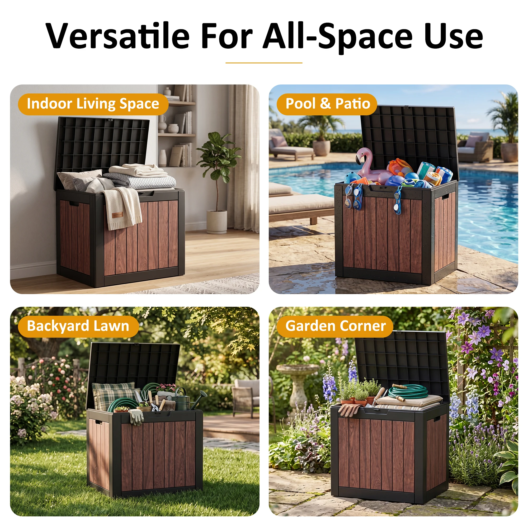 33 Gallon Outdoor Deck Storage Box, Resin Weather‑Resistant Storage Container, Multipurpose Patio Storage Chest for Cushions, Tools and Pool Supplies