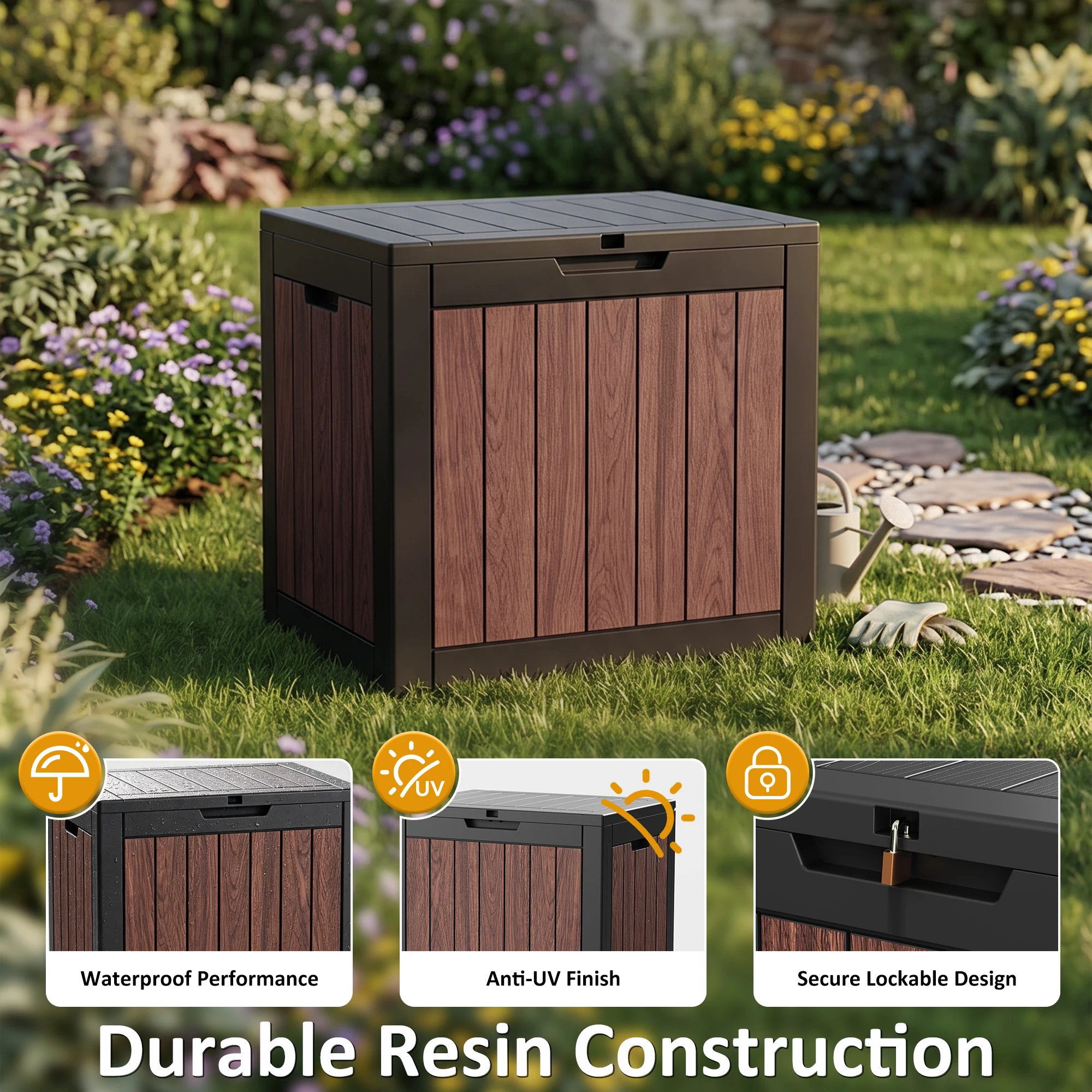 33 Gallon Outdoor Deck Storage Box, Resin Weather‑Resistant Storage Container, Multipurpose Patio Storage Chest for Cushions, Tools and Pool Supplies