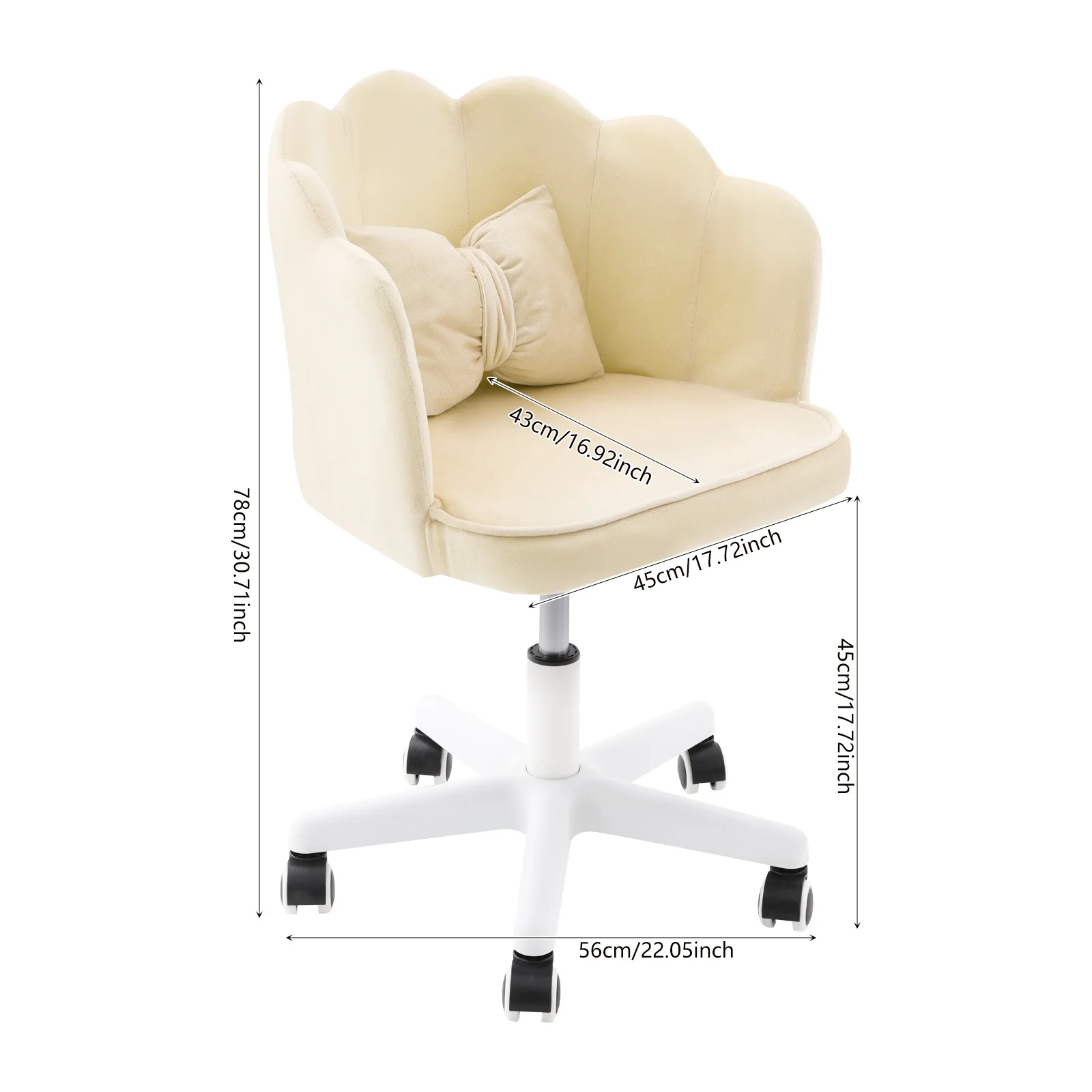 Velvet Petal Desk Chair, Bow Cushion Vanity Chair, Mid-Back Swivel Upholstered Computer Task Chair for Girls Women, Home Office Chair with Wheels, Adjustable Height