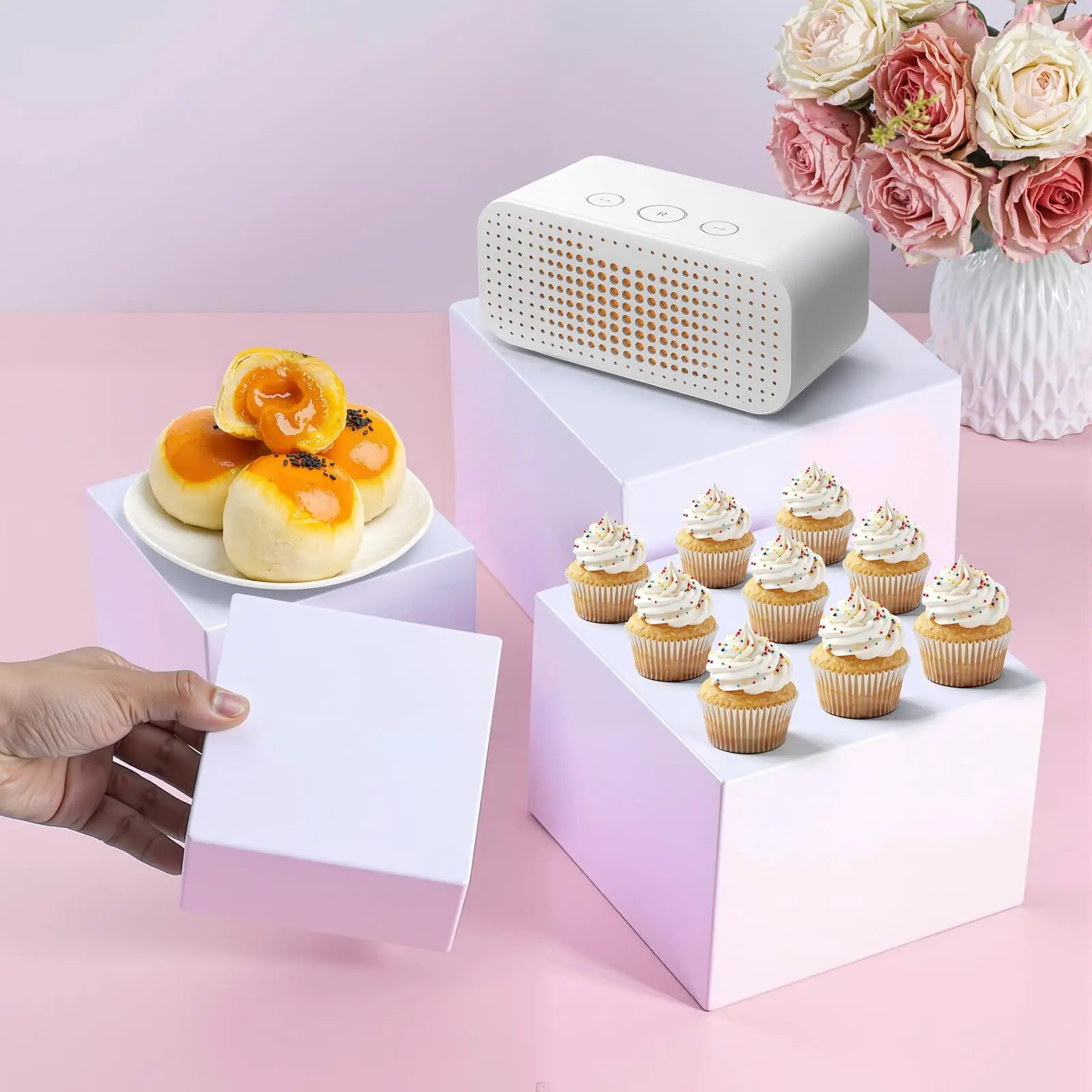 White Acrylic Dessert Display Box Stand, 4PCS Nestable Riser Boxes for Party Cake Food Cupcake Decor