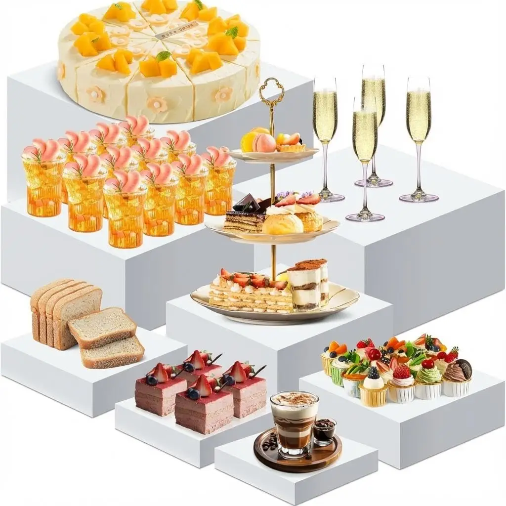 White Acrylic Dessert Display Box Stand, 4PCS Nestable Riser Boxes for Party Cake Food Cupcake Decor
