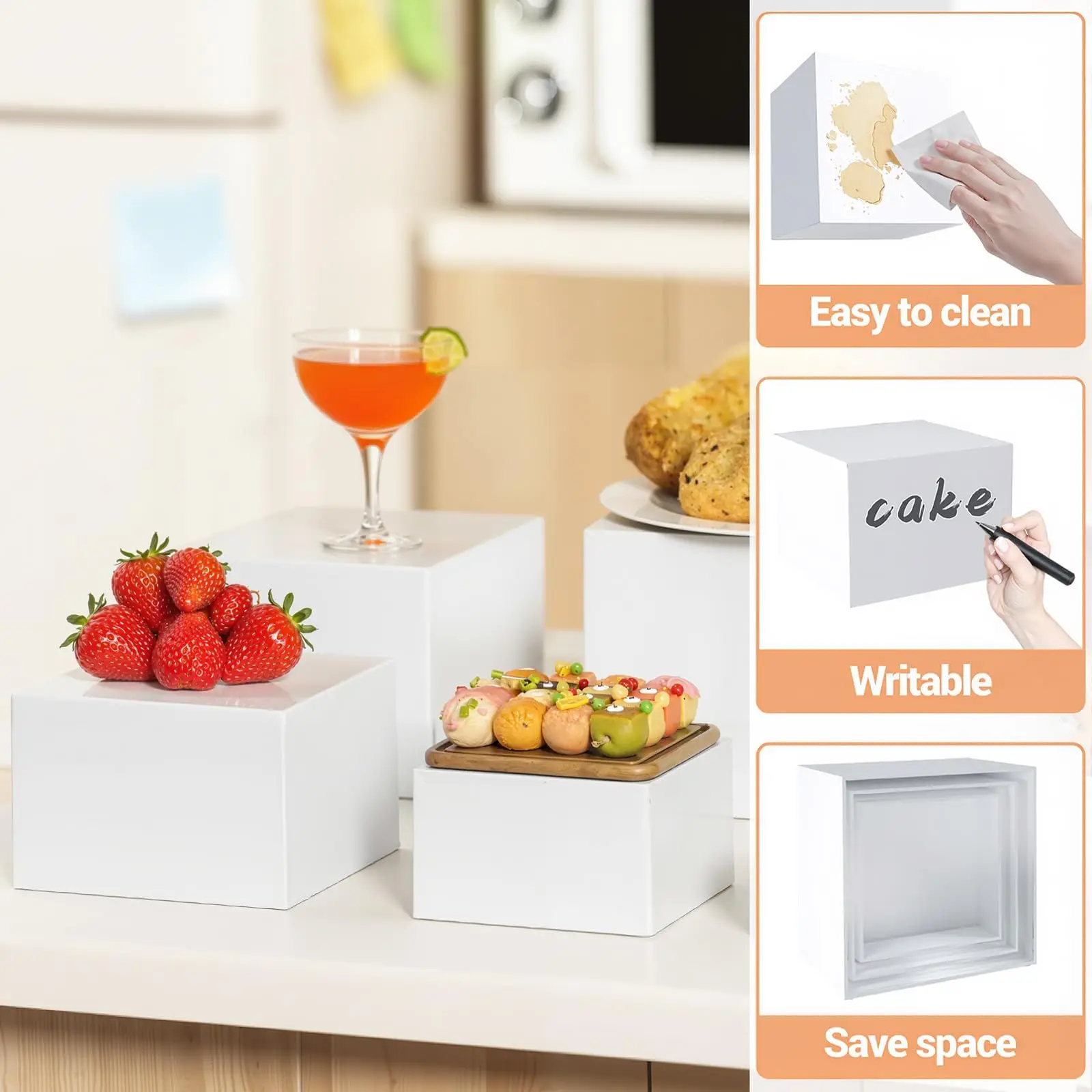 White Acrylic Dessert Display Box Stand, 4PCS Nestable Riser Boxes for Party Cake Food Cupcake Decor