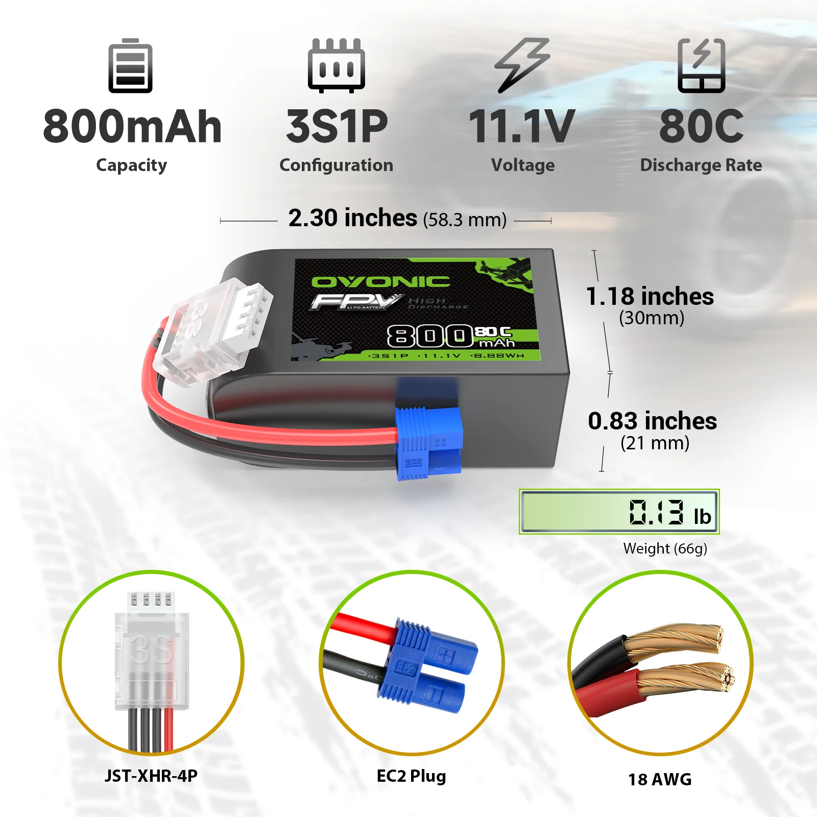 OVONIC 3S LiPo Battery 11.1V 800mAh 80C High Discharge Soft‑Case 2‑Pack with EC2 Plug for Micro FPV Drone Tinywhoop Cinewhoop Quadcopters