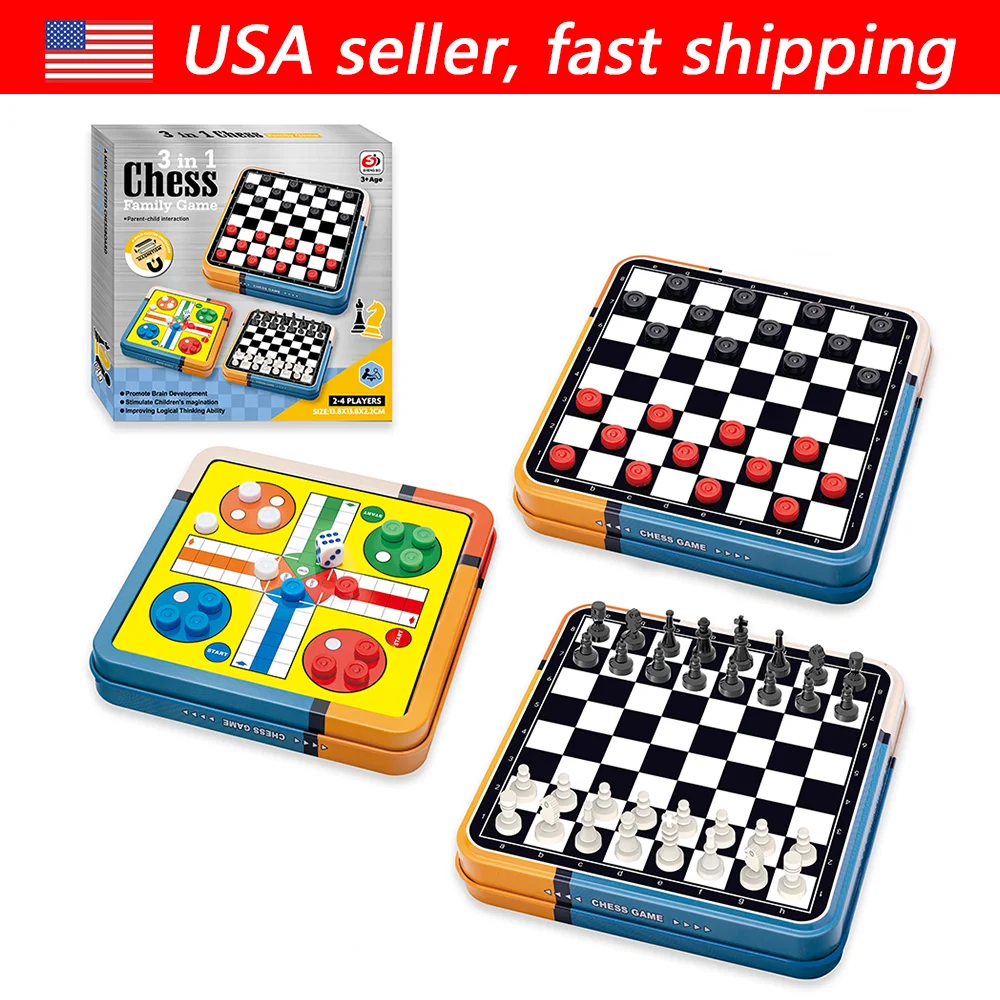 Portable 3‑in‑1 Chess Checkers Ludo Board Game Set Folding Storage Travel Family Puzzle Game, 2‑4 Players Educational Brain Development Toy, Surprise Holiday Gift for Kids Adults Birthday Halloween Christmas Thanksgiving Present