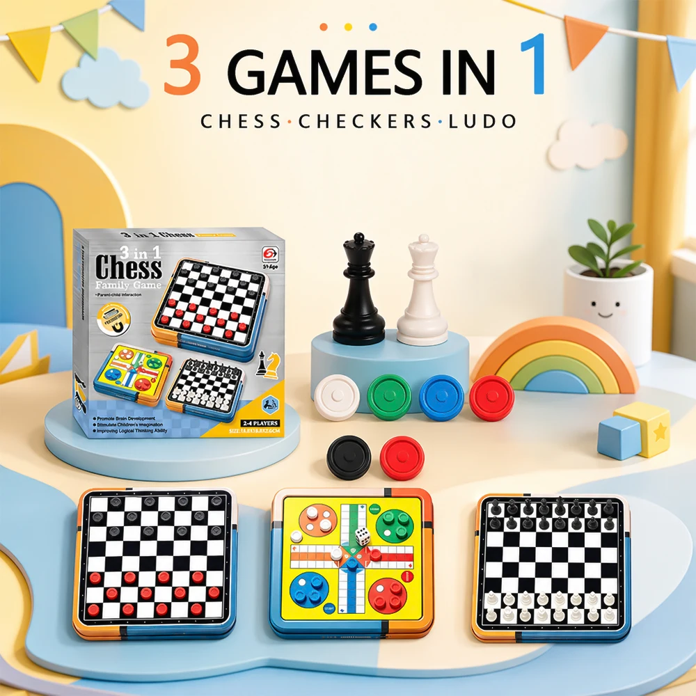 Portable 3‑in‑1 Chess Checkers Ludo Board Game Set Folding Storage Travel Family Puzzle Game, 2‑4 Players Educational Brain Development Toy, Surprise Holiday Gift for Kids Adults Birthday Halloween Christmas Thanksgiving Present