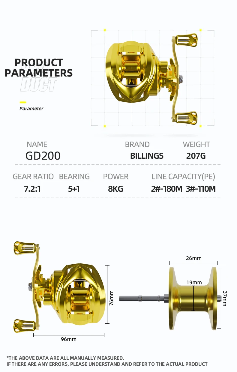 BILLINGS Baitcasting Reel 18LB Max Drag 7.2:1 High Speed Gear Ratio 5+1Stainless Steel Bearings Smooth Operation Baitcaster Fishing Reels for Freshwater Saltwater Bass Trout Carp Fishing