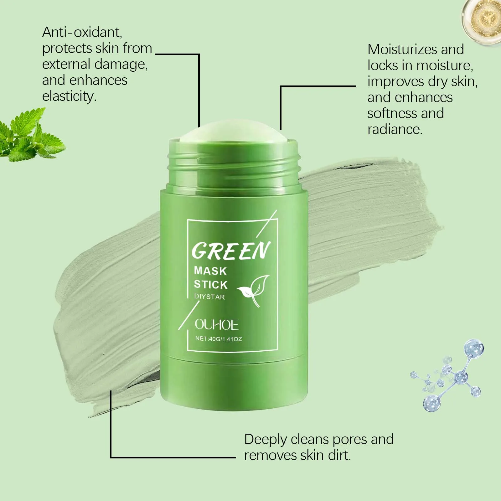 2PCS Green Tea Cleansing Mask Stick,10 Minute Instant Skin Renewal,100% Plant‑Derived&Kaolin+Bentonite for Deep Absorption&Tea Extract:Oil‑Control,Antioxidant & Balancing,Mica for Brightening & Soft Skin,Portable Twist Up Stick Design