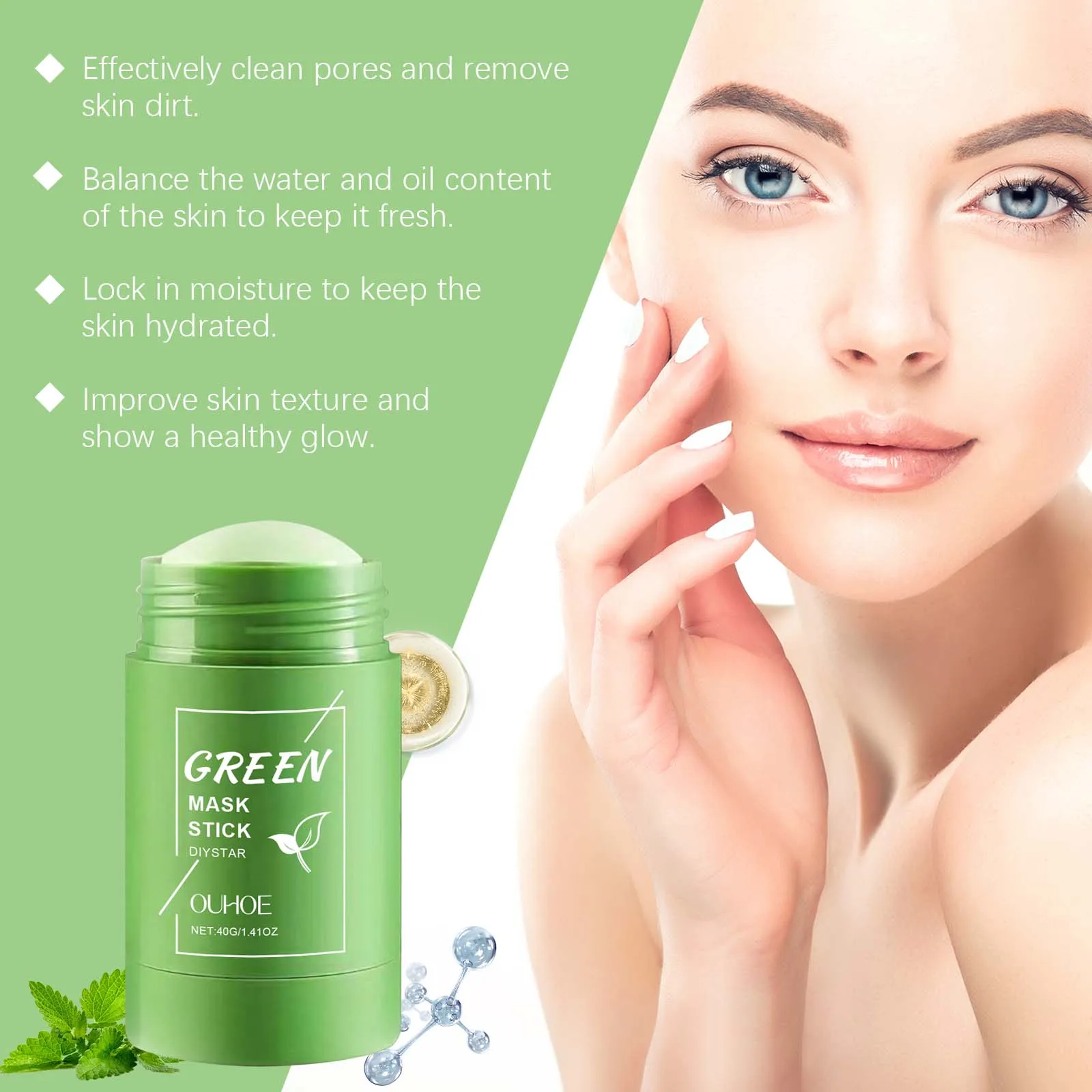 2PCS Green Tea Cleansing Mask Stick,10 Minute Instant Skin Renewal,100% Plant‑Derived&Kaolin+Bentonite for Deep Absorption&Tea Extract:Oil‑Control,Antioxidant & Balancing,Mica for Brightening & Soft Skin,Portable Twist Up Stick Design