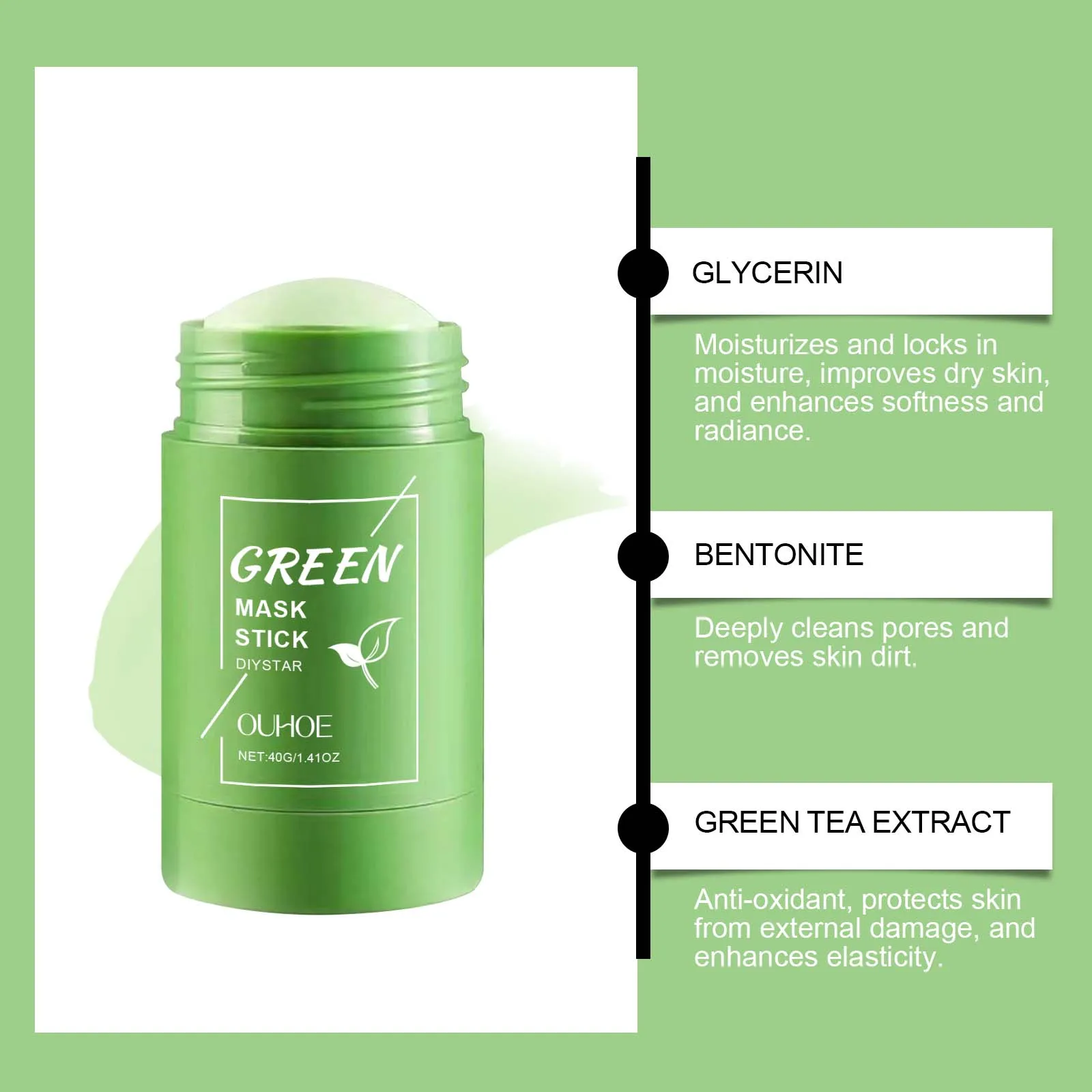 2PCS Green Tea Cleansing Mask Stick,10 Minute Instant Skin Renewal,100% Plant‑Derived&Kaolin+Bentonite for Deep Absorption&Tea Extract:Oil‑Control,Antioxidant & Balancing,Mica for Brightening & Soft Skin,Portable Twist Up Stick Design