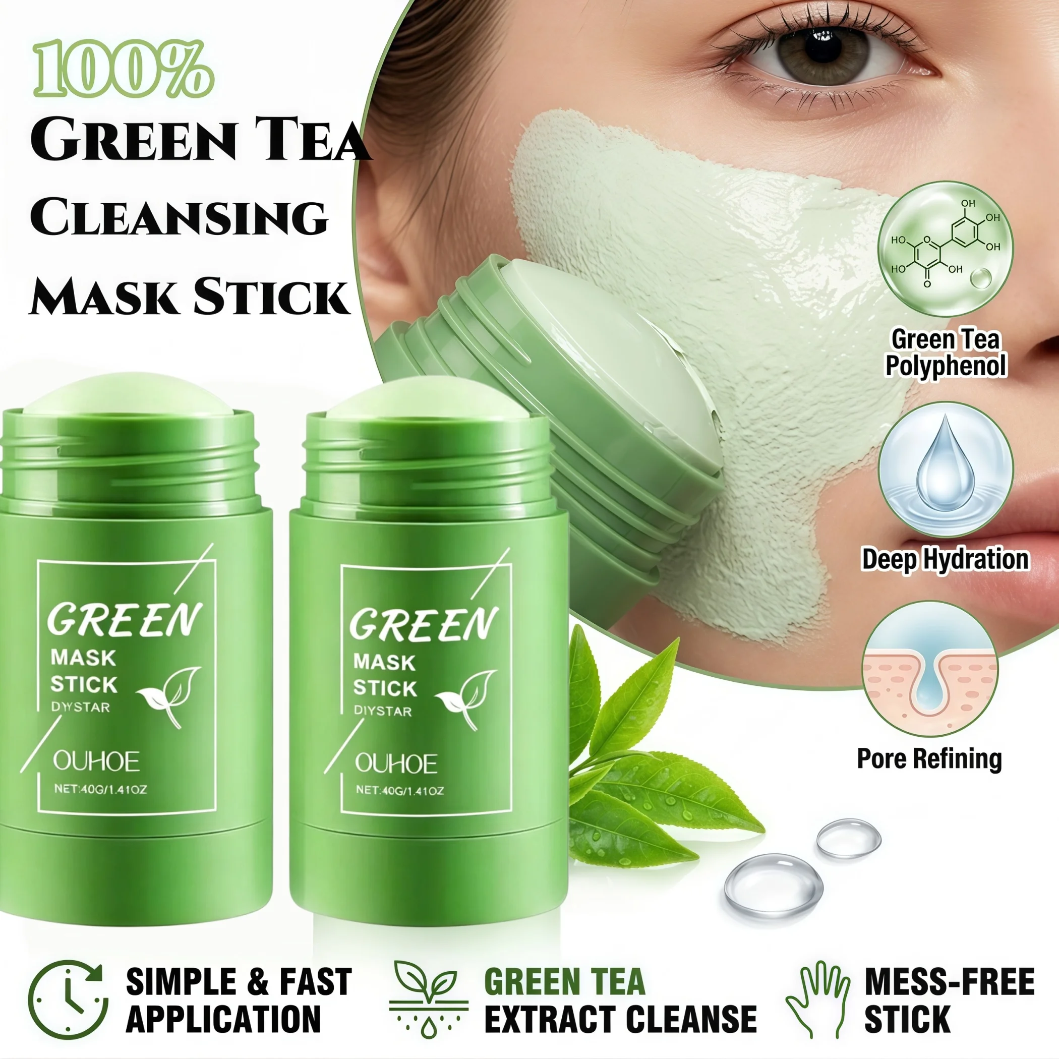 2PCS Green Tea Cleansing Mask Stick,10 Minute Instant Skin Renewal,100% Plant‑Derived&Kaolin+Bentonite for Deep Absorption&Tea Extract:Oil‑Control,Antioxidant & Balancing,Mica for Brightening & Soft Skin,Portable Twist Up Stick Design