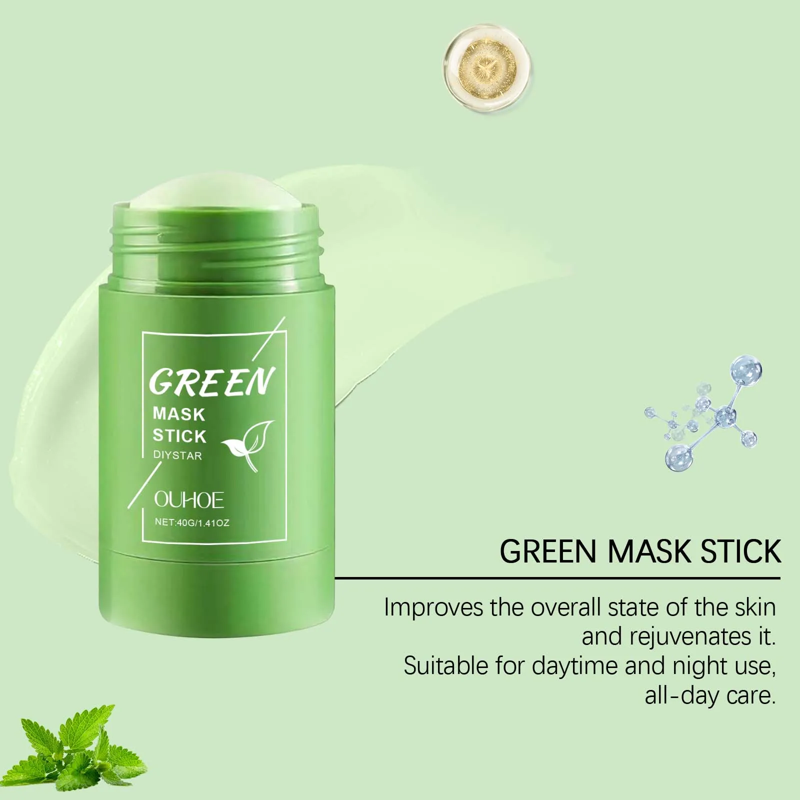 2PCS Green Tea Cleansing Mask Stick,10 Minute Instant Skin Renewal,100% Plant‑Derived&Kaolin+Bentonite for Deep Absorption&Tea Extract:Oil‑Control,Antioxidant & Balancing,Mica for Brightening & Soft Skin,Portable Twist Up Stick Design