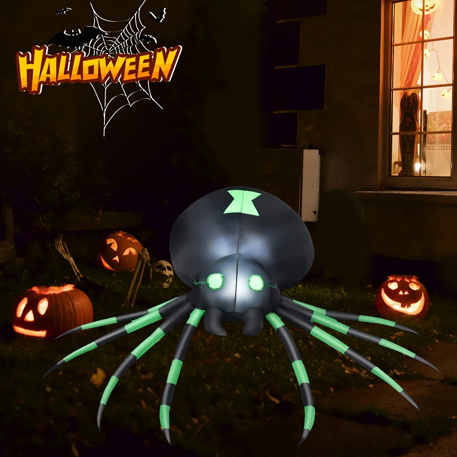 Giant 7.2FT LED Glowing Inflatable Spider Creepy Blow Up Yard Decor with Stakes & Blower, Outdoor Halloween Airblown Spider for Lawn Garden Party Quick Setup & Fast Deflate Design USA Warehouse Fast Shipping