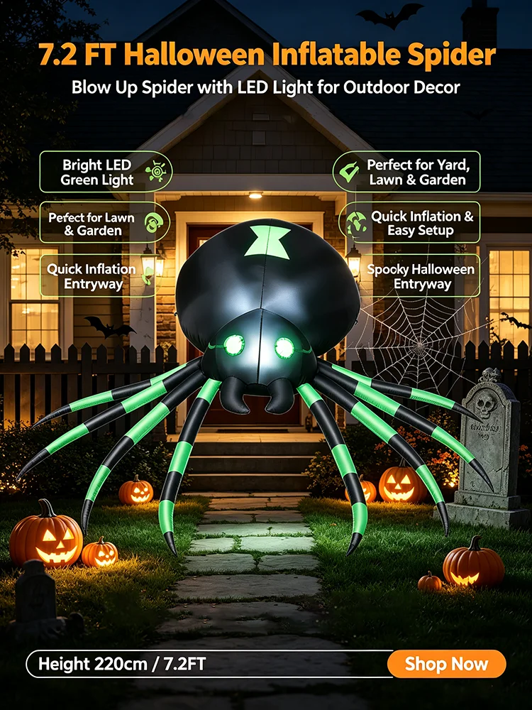 Giant 7.2FT LED Glowing Inflatable Spider Creepy Blow Up Yard Decor with Stakes & Blower, Outdoor Halloween Airblown Spider for Lawn Garden Party Quick Setup & Fast Deflate Design USA Warehouse Fast Shipping