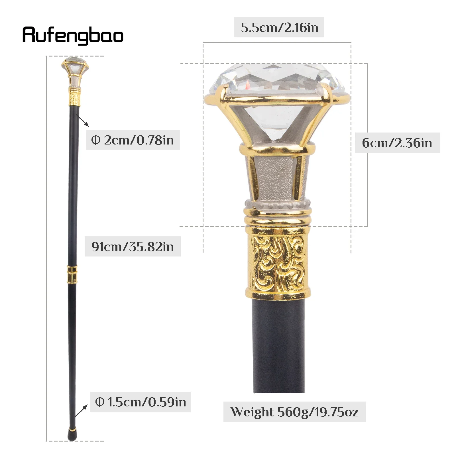 White Diamond Golden Silver Walking Cane Fashion Decorative Walking Stick Gentleman Elegant Cosplay Cane Knob Crosier 93cm