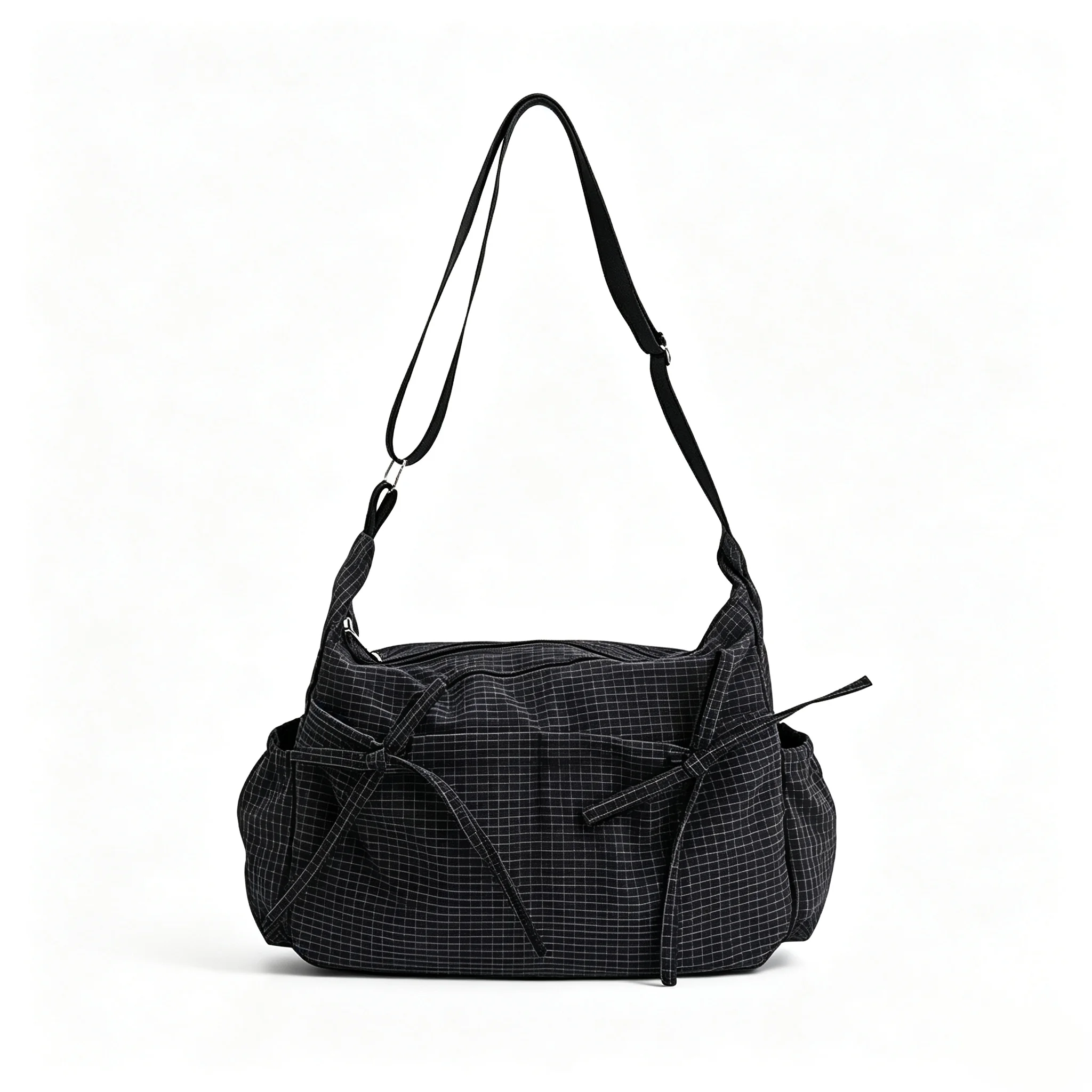 Women's Grid Pattern Crossbody Bag, Casual Large Capacity Shoulder Bag with Adjustable Strap & Side Pockets, Bow Decor Hard Bottom Lightweight Hobo Handbag for Daily Commute Shopping Travel