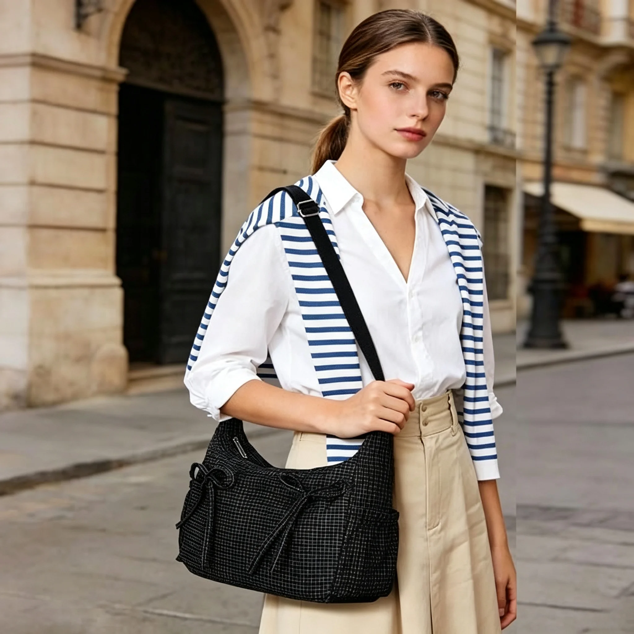 Women's Grid Pattern Crossbody Bag, Casual Large Capacity Shoulder Bag with Adjustable Strap & Side Pockets, Bow Decor Hard Bottom Lightweight Hobo Handbag for Daily Commute Shopping Travel