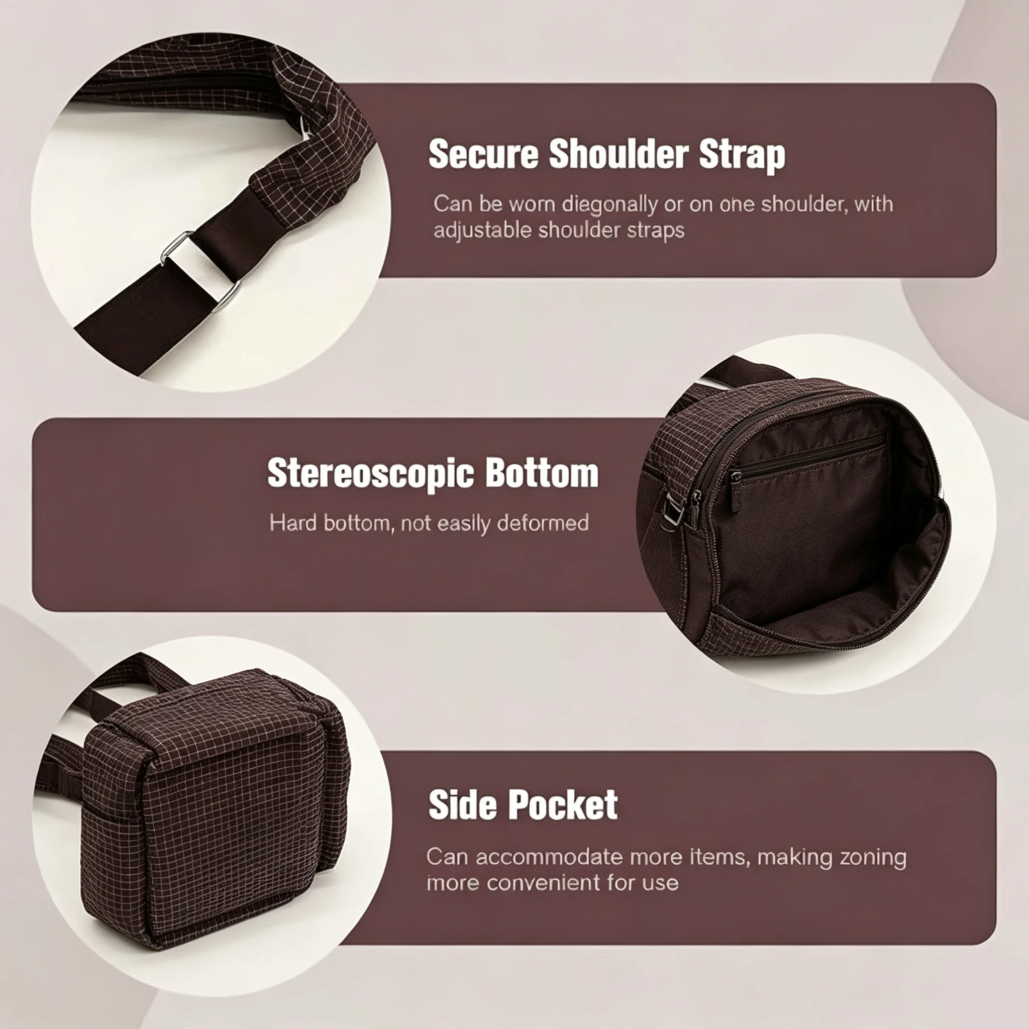 Women's Grid Pattern Crossbody Bag, Casual Large Capacity Shoulder Bag with Adjustable Strap & Side Pockets, Bow Decor Hard Bottom Lightweight Hobo Handbag for Daily Commute Shopping Travel