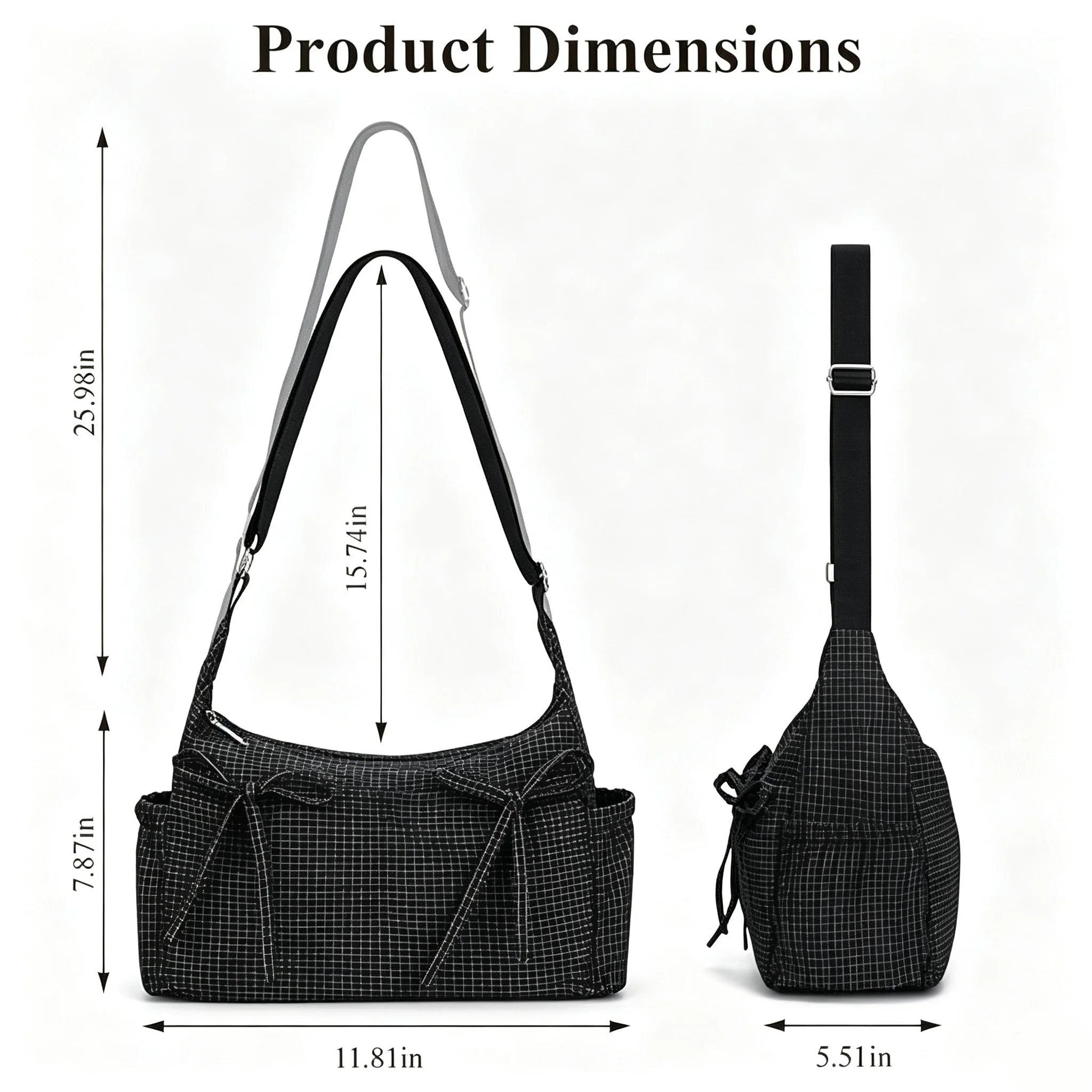 Women's Grid Pattern Crossbody Bag, Casual Large Capacity Shoulder Bag with Adjustable Strap & Side Pockets, Bow Decor Hard Bottom Lightweight Hobo Handbag for Daily Commute Shopping Travel