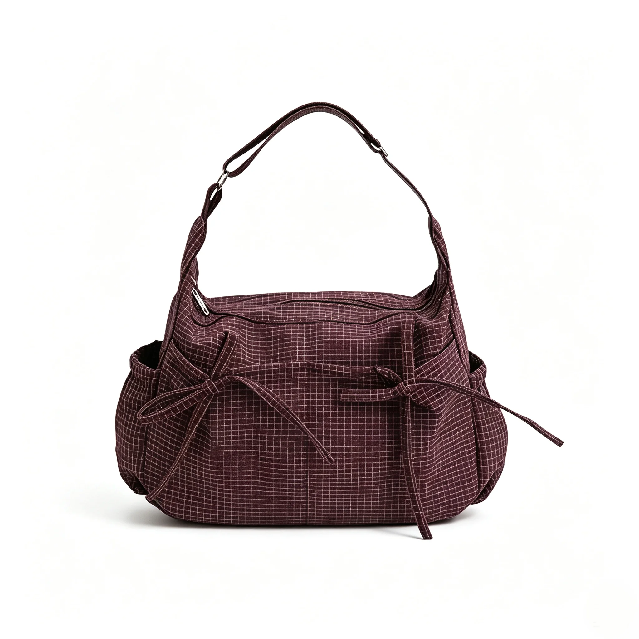 Women's Grid Pattern Crossbody Bag, Casual Large Capacity Shoulder Bag with Adjustable Strap & Side Pockets, Bow Decor Hard Bottom Lightweight Hobo Handbag for Daily Commute Shopping Travel
