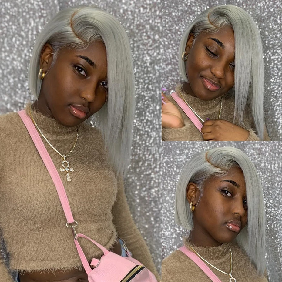 Bob Wig Human Hair 180% 220% Density 13x6 HD Lace Front Human Hair Wigs For Women Remy Brazilian Silver Grey Lace Frontal Short Bob Wigs For Black Women Pre Plucked