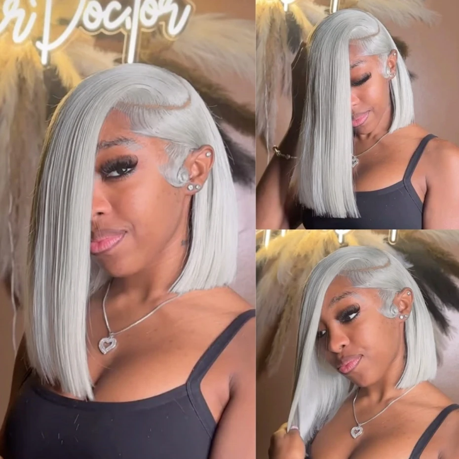 Bob Wig Human Hair 180% 220% Density 13x6 HD Lace Front Human Hair Wigs For Women Remy Brazilian Silver Grey Lace Frontal Short Bob Wigs For Black Women Pre Plucked