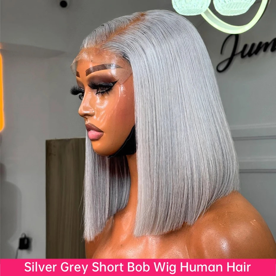 Bob Wig Human Hair 180% 220% Density 13x6 HD Lace Front Human Hair Wigs For Women Remy Brazilian Silver Grey Lace Frontal Short Bob Wigs For Black Women Pre Plucked