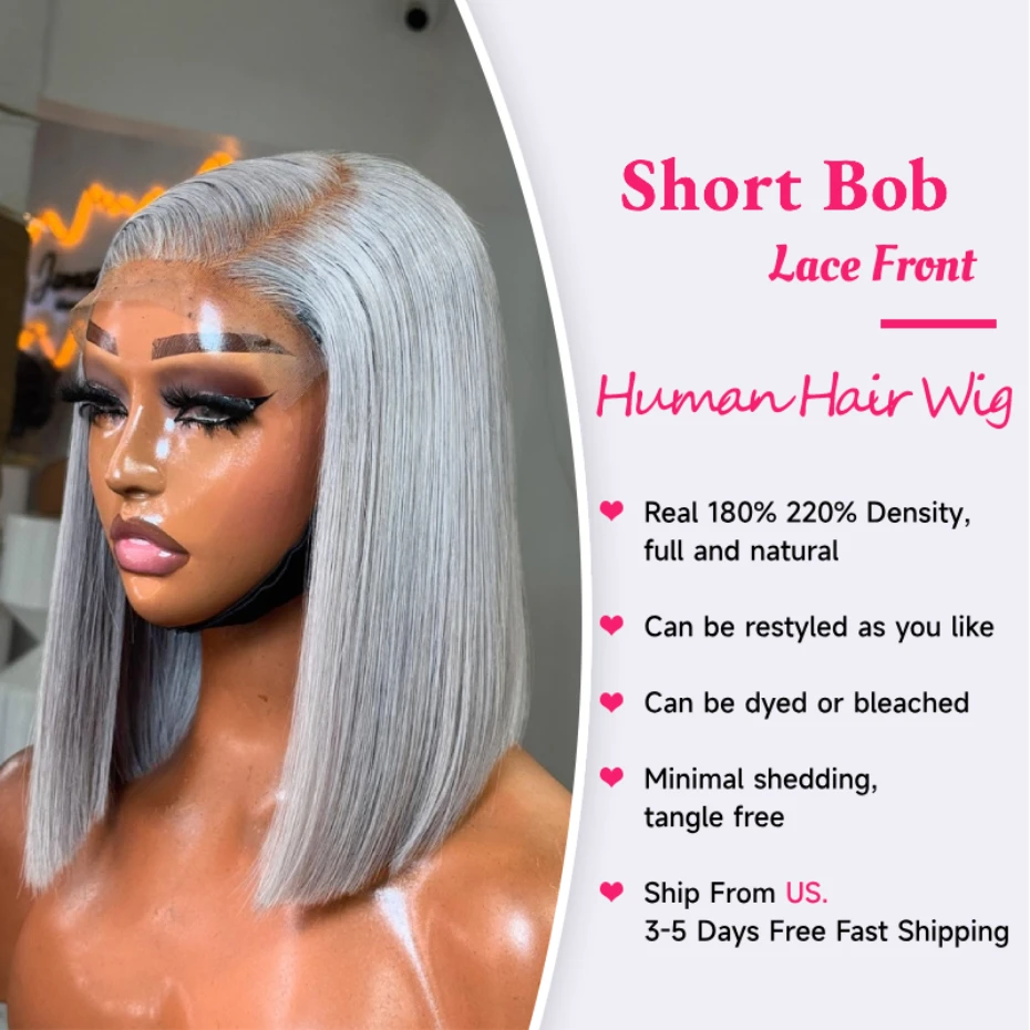 Bob Wig Human Hair 180% 220% Density 13x6 HD Lace Front Human Hair Wigs For Women Remy Brazilian Silver Grey Lace Frontal Short Bob Wigs For Black Women Pre Plucked