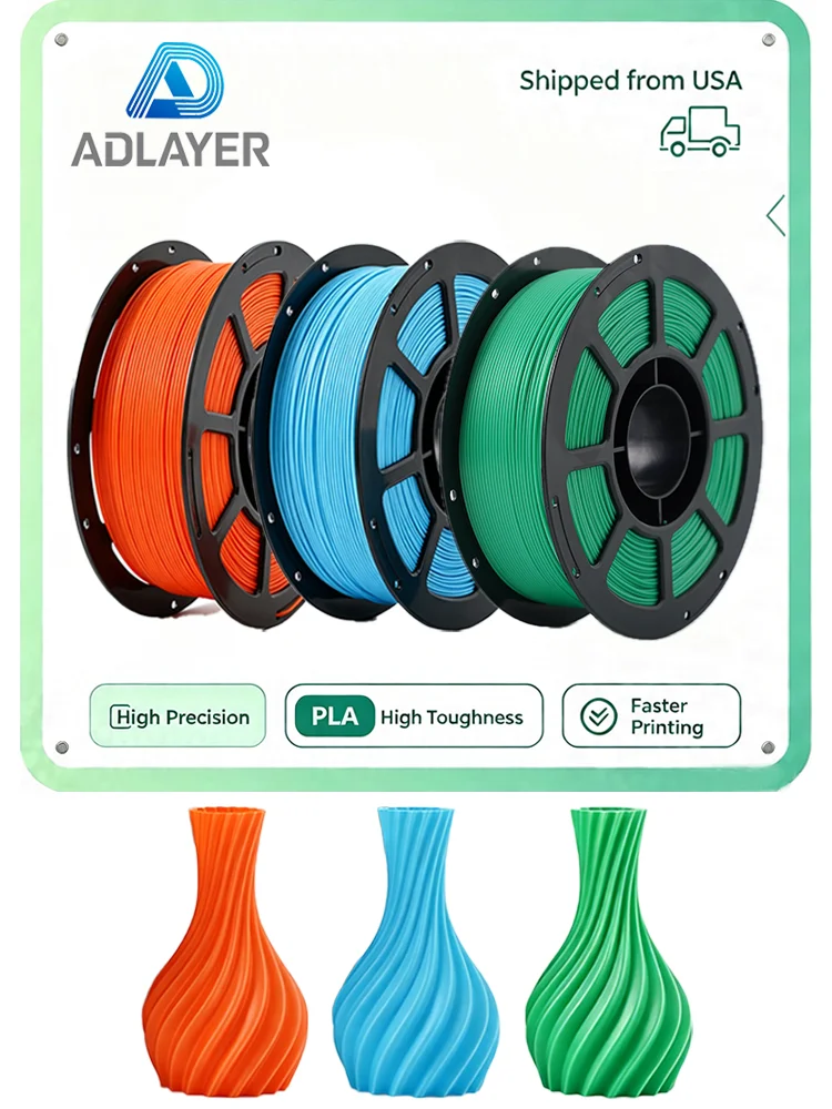 Adlayer PLA Filament 1.75mm,Orange+Blue+Green 3KG Spool,Dimensional Accuracy +/- 0.02mm Tangle-Free, Clog-Free,High Compatibility Easy Printing,Fit Most FDM 3D Printer