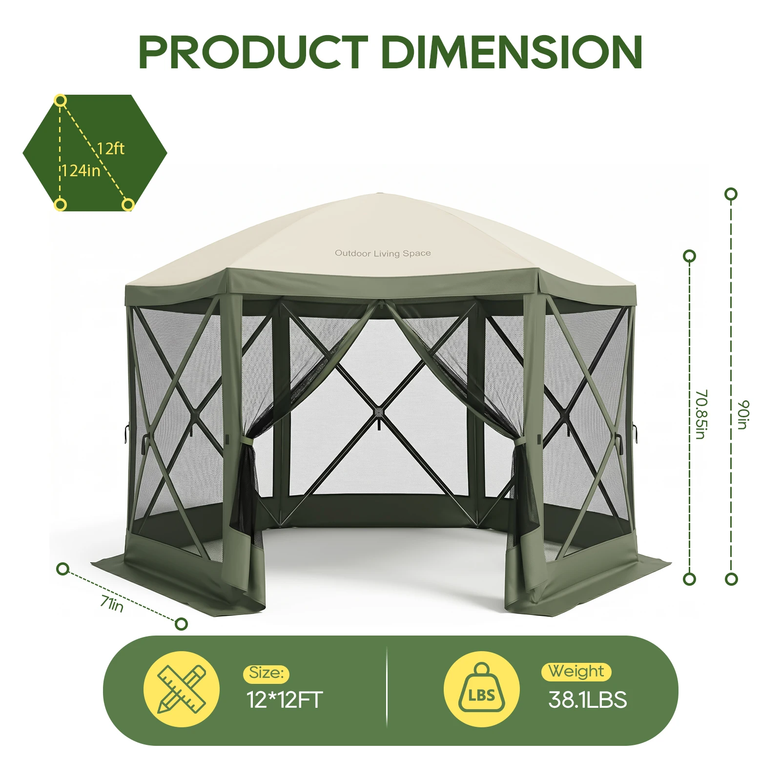 TCGBKAF 12x12FT Pop‑Up Gazebo with Mosquito Net, Heavy‑Duty Green Screen Tent One‑Click Setup Waterproof Sun Shelter Canopy Tent for Patio Backyard Camping Outdoor Events