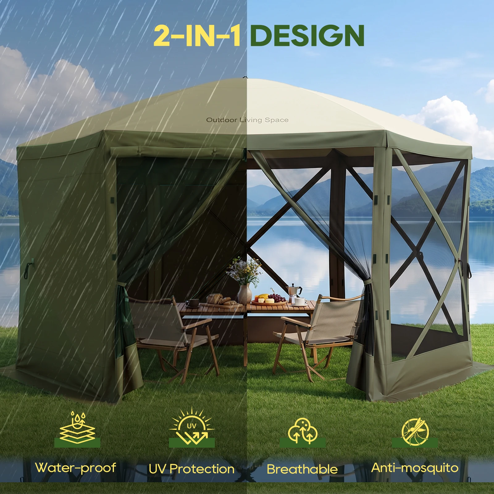 TCGBKAF 12x12FT Pop‑Up Gazebo with Mosquito Net, Heavy‑Duty Green Screen Tent One‑Click Setup Waterproof Sun Shelter Canopy Tent for Patio Backyard Camping Outdoor Events