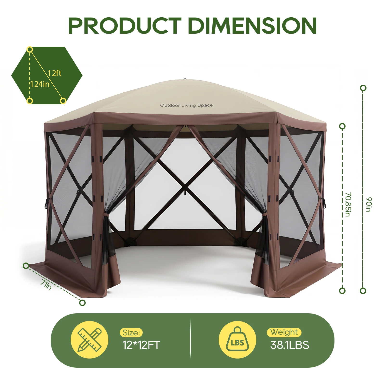 TCGBKAF 12x12FT Pop‑Up Gazebo with Mosquito Net, Heavy‑Duty Green Screen Tent One‑Click Setup Waterproof Sun Shelter Canopy Tent for Patio Backyard Camping Outdoor Events