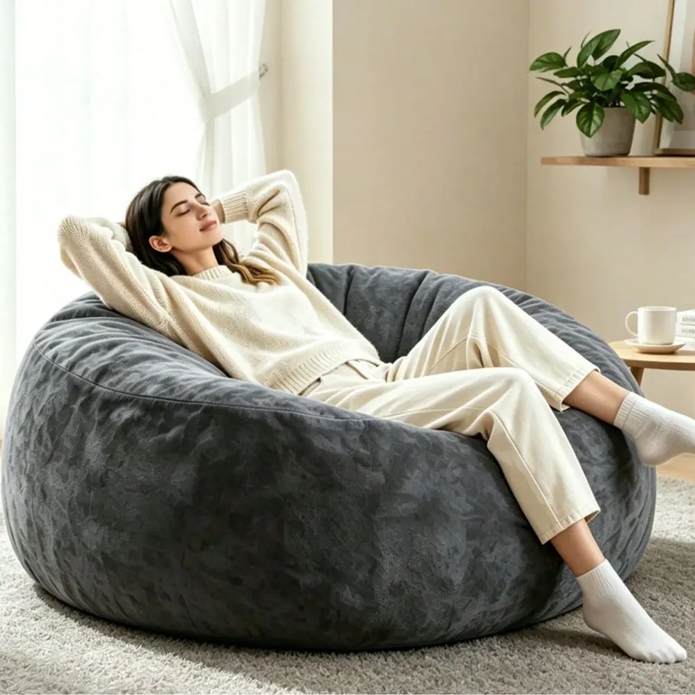 Bean Bag Chair With Memory Foam Filled, Fluffy Beanbag Boneless Couch With Soft Velvet Cover For Living Room, Playroom,Gray