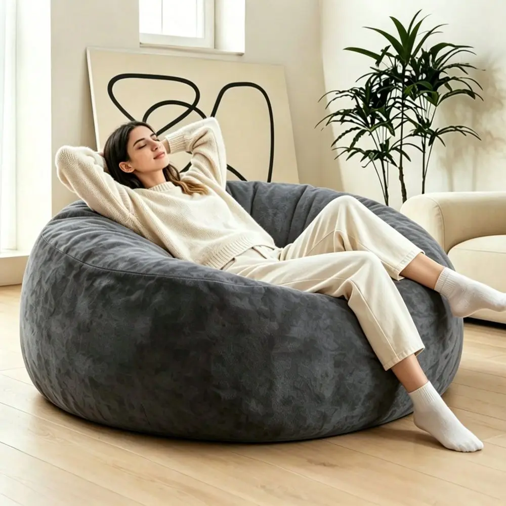 Bean Bag Chair With Memory Foam Filled, Fluffy Beanbag Boneless Couch With Soft Velvet Cover For Living Room, Playroom,Gray