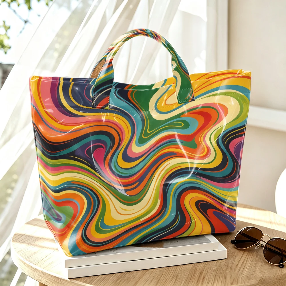 1pc Retro Rainbow Swirl Marble Print Women Tote Bag Handbag, Colorful Psychedelic Art Large Capacity Ladies Hand Tote Bag For Shopping Travel