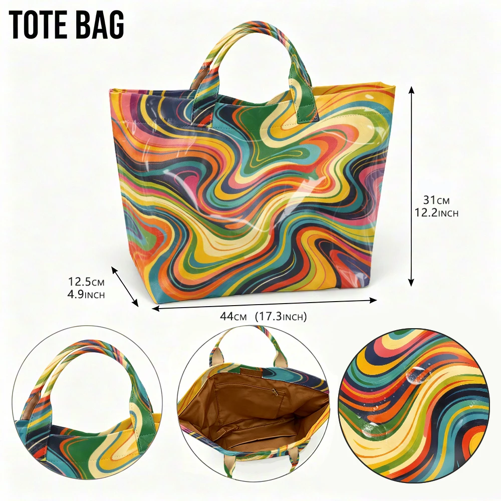 1pc Retro Rainbow Swirl Marble Print Women Tote Bag Handbag, Colorful Psychedelic Art Large Capacity Ladies Hand Tote Bag For Shopping Travel