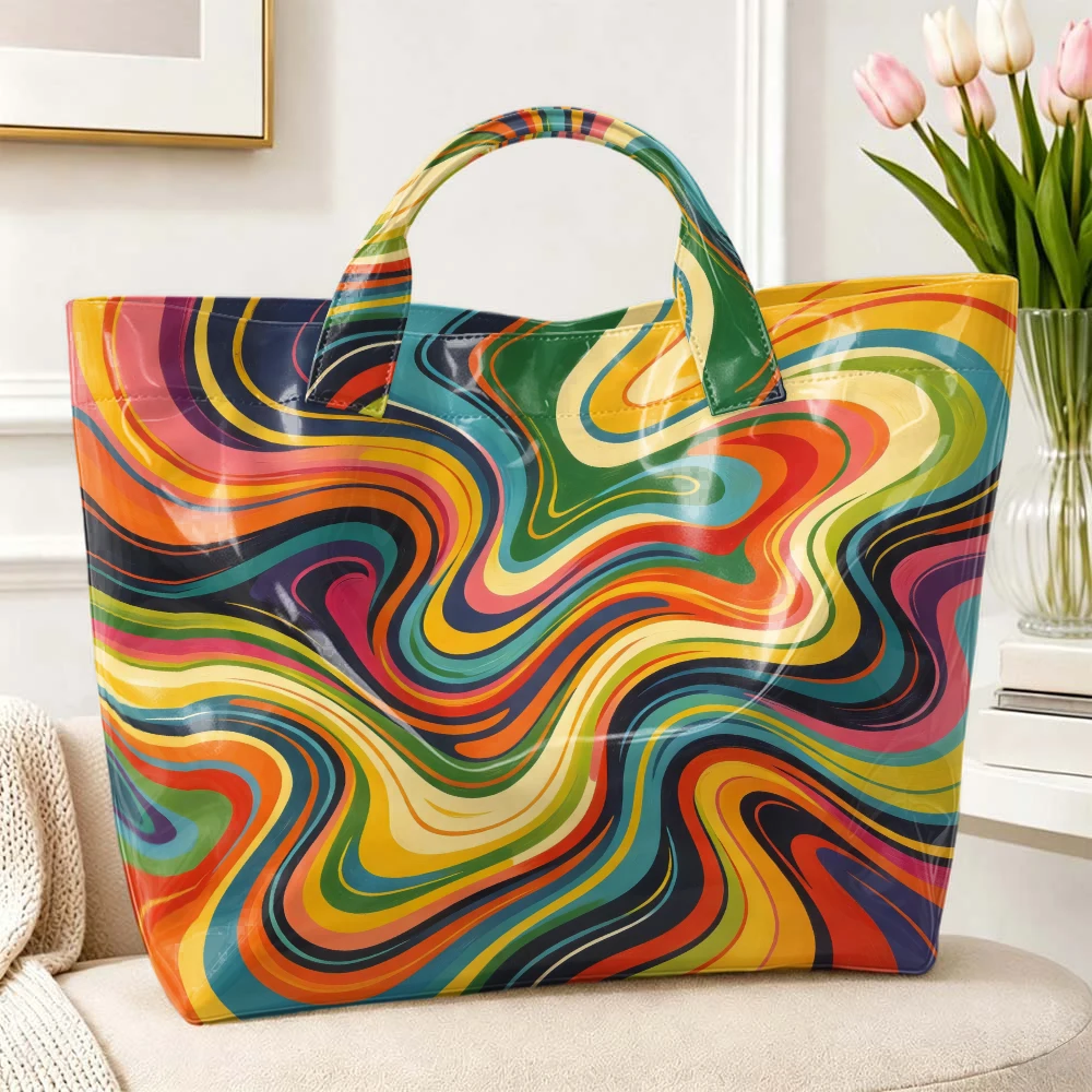 1pc Retro Rainbow Swirl Marble Print Women Tote Bag Handbag, Colorful Psychedelic Art Large Capacity Ladies Hand Tote Bag For Shopping Travel